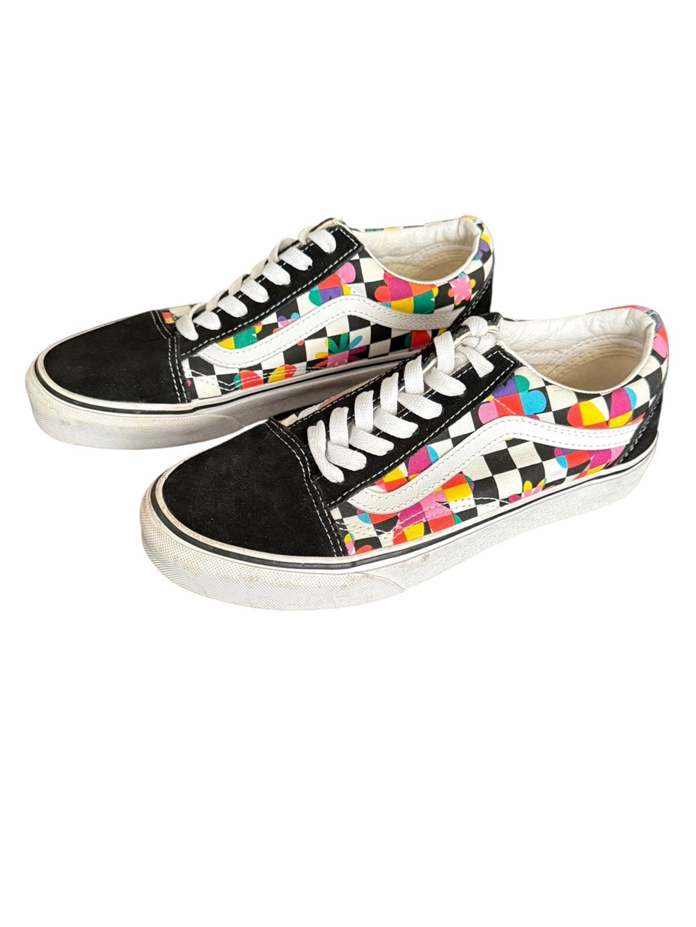 Vans Old Skool floral checkerboard trainers in black and white 7.5W, 6M
